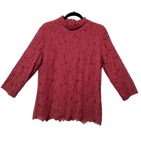 Appleseeds Red Lace Mock Neck 3/4 Sleeves Scalloped Hem Back Zip Top Size 14 - Picture 2 of 8